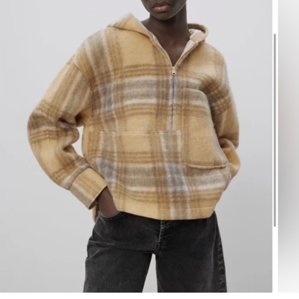 Zara wool blend yellow blue and cream plaid hooded pull over size Small